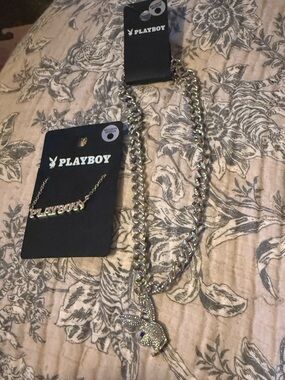 2 NEW PLAYBOY Bunny Silver Rhinestone Bunny & Logo Bling Necklace Set 🐰